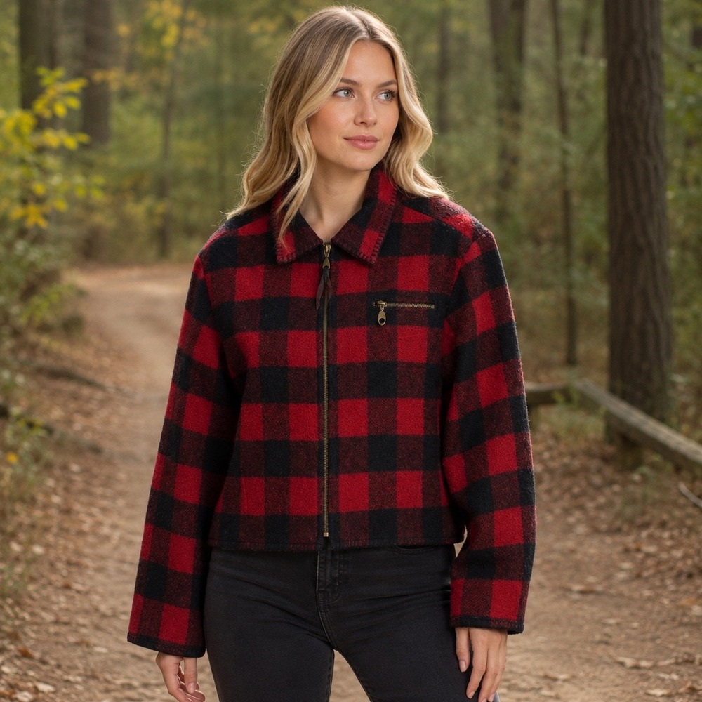 L.D. Burke Jacket Womens XL Red Excellent Vintage 80s Buffalo Plaid Wool Cropped